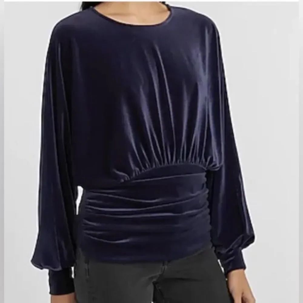 NWT! Express Women's Large L Blue Velvet Long Sleeve Cinched Banded Shirt NWT